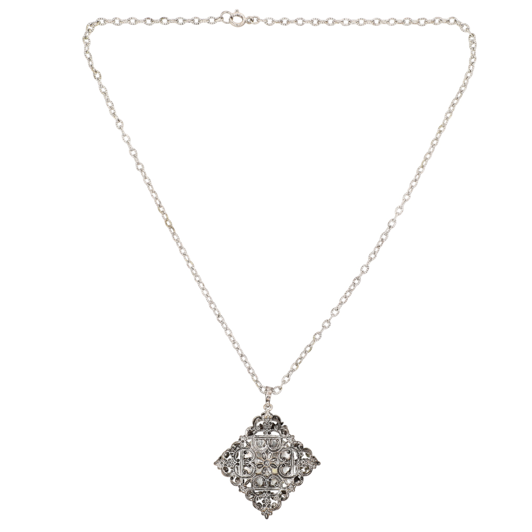 Silver Tone Glass Cabochon Open Scrollwork Necklace