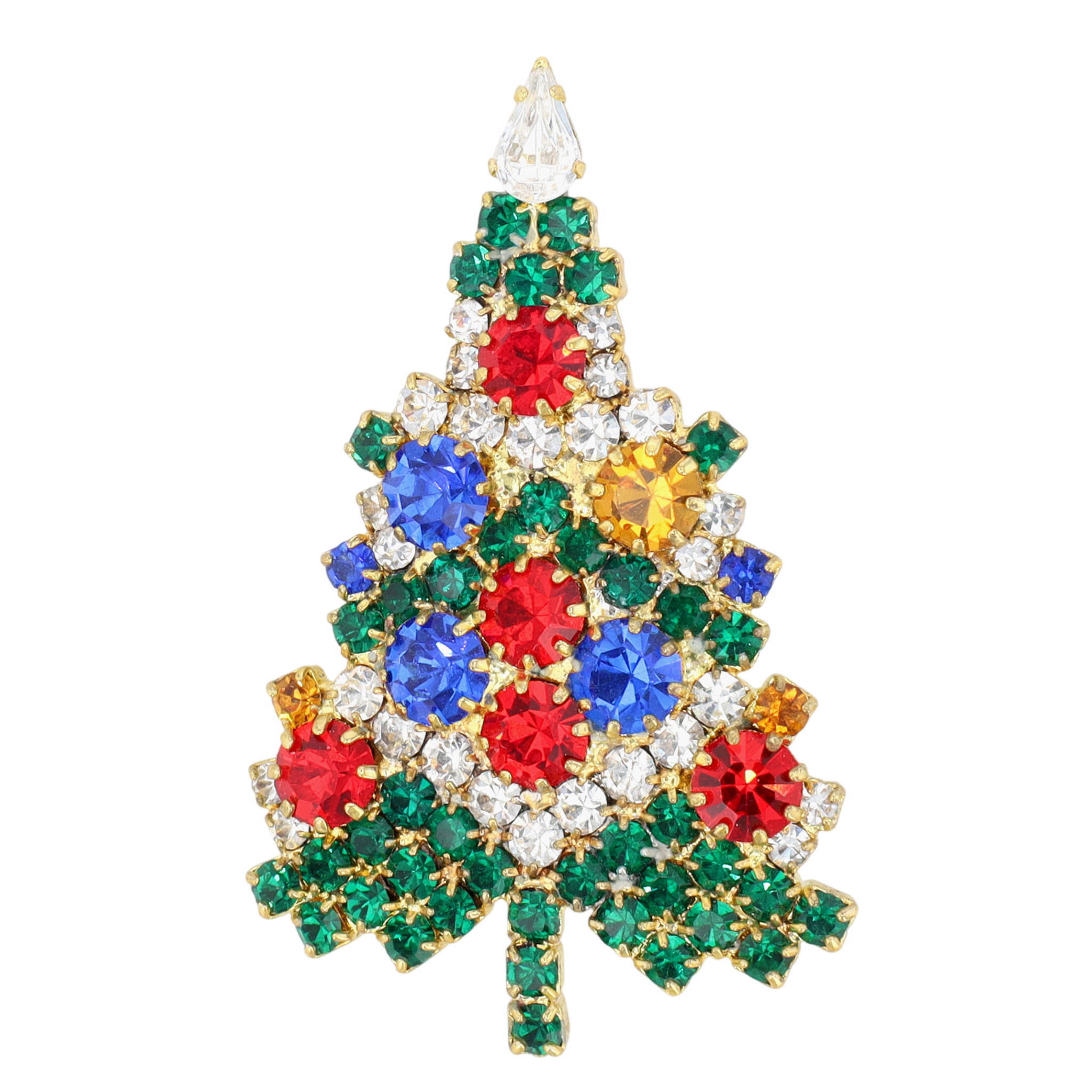 Gold Tone Multicolor Rhinestone Christmas Tree Brooch