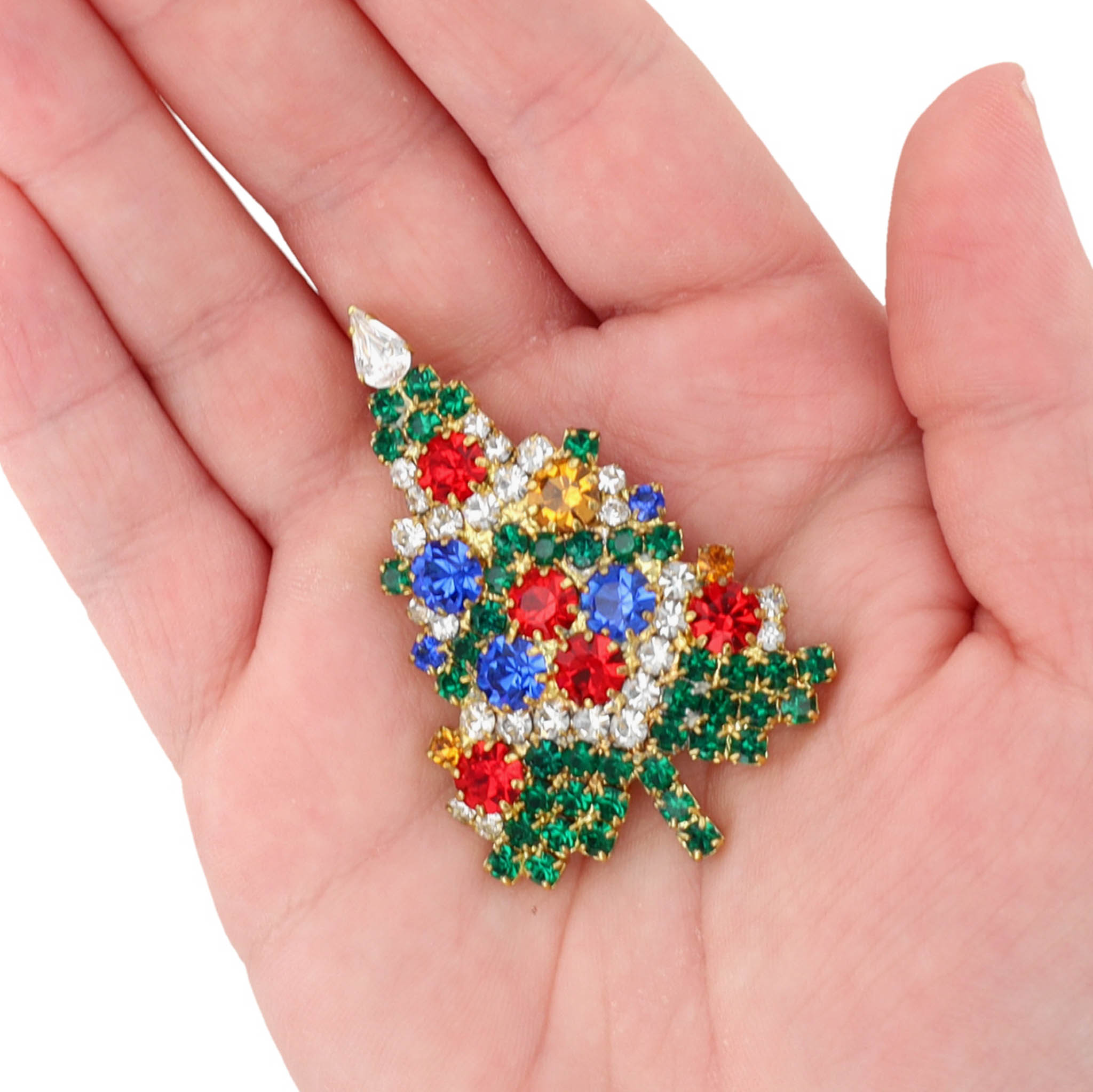 Gold Tone Multicolor Rhinestone Christmas Tree Brooch