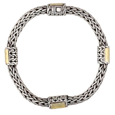 John Hardy Sterling & 22K Gold Hammered Link Station Chain Bracelet. 7.75in Length. 52.5g