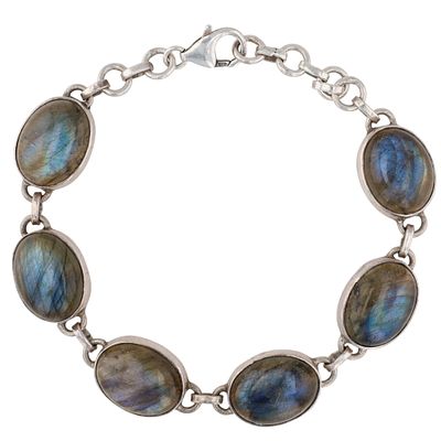 Sterling Silver Labradorite Bezel Set Oval Link Bracelet. 7-8in length adjustable. Signed 925 