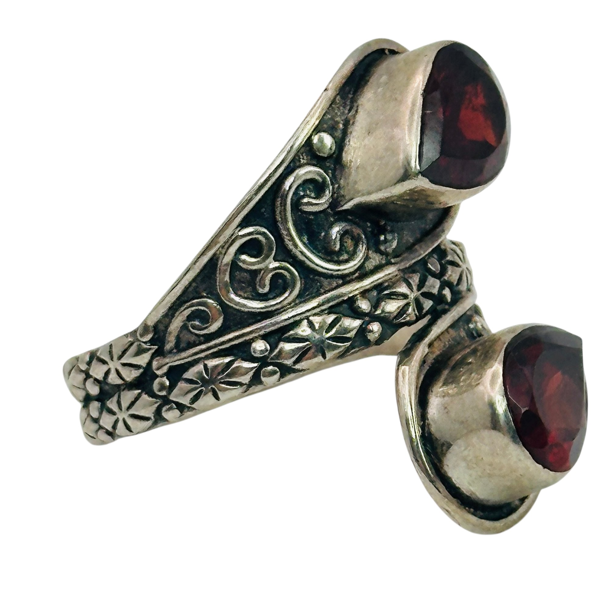 Signed Sterling Garnet Bypass Ring Sz 7