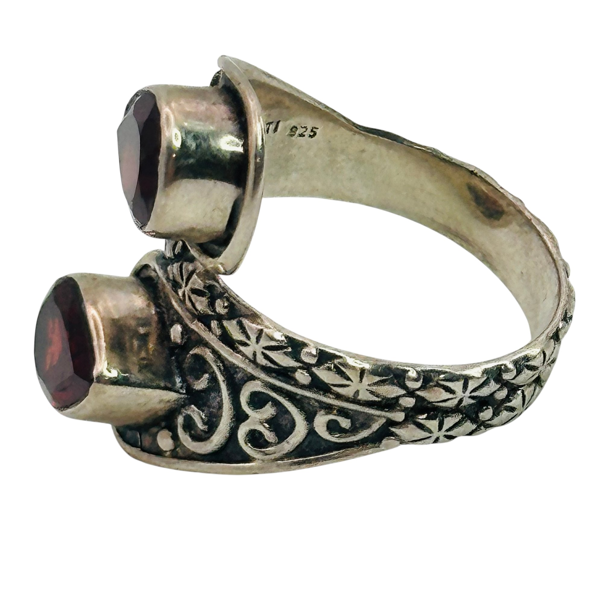 Signed Sterling Garnet Bypass Ring Sz 7