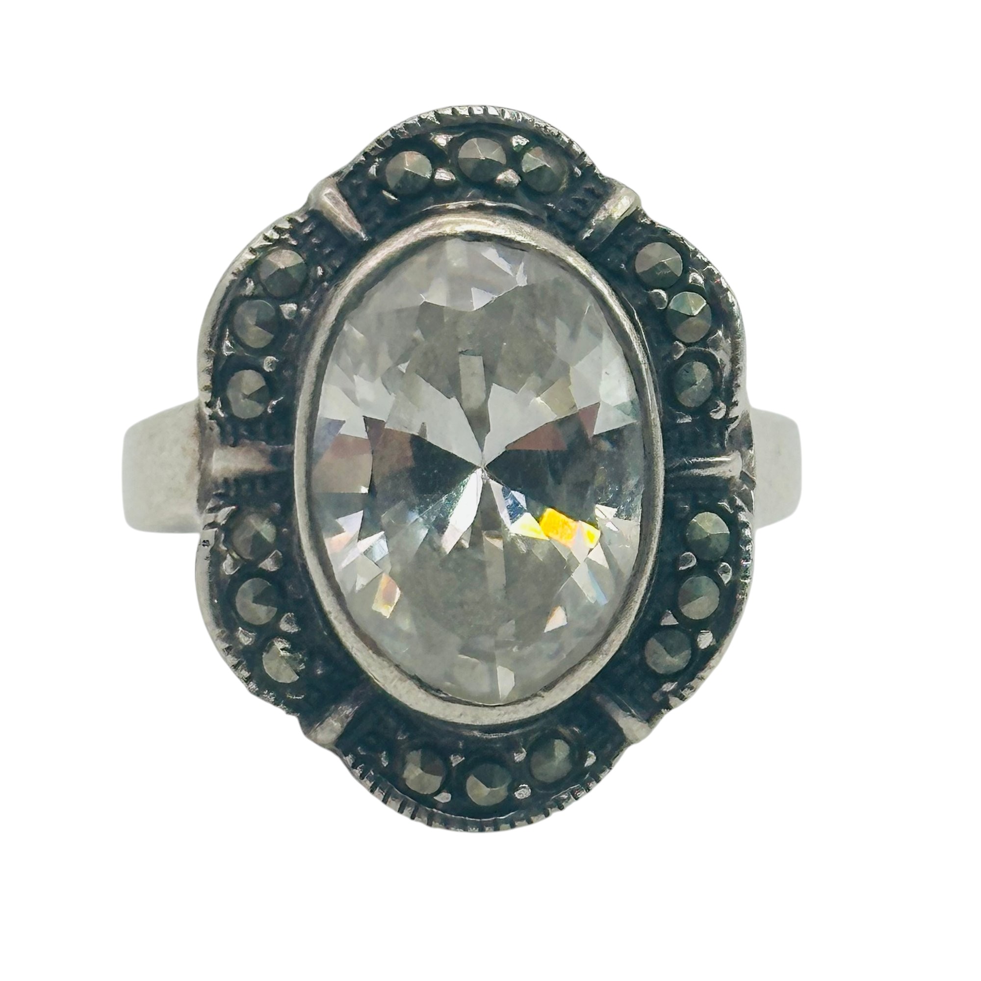 Sterling Rhinestone Marcasite Ring Sz 9