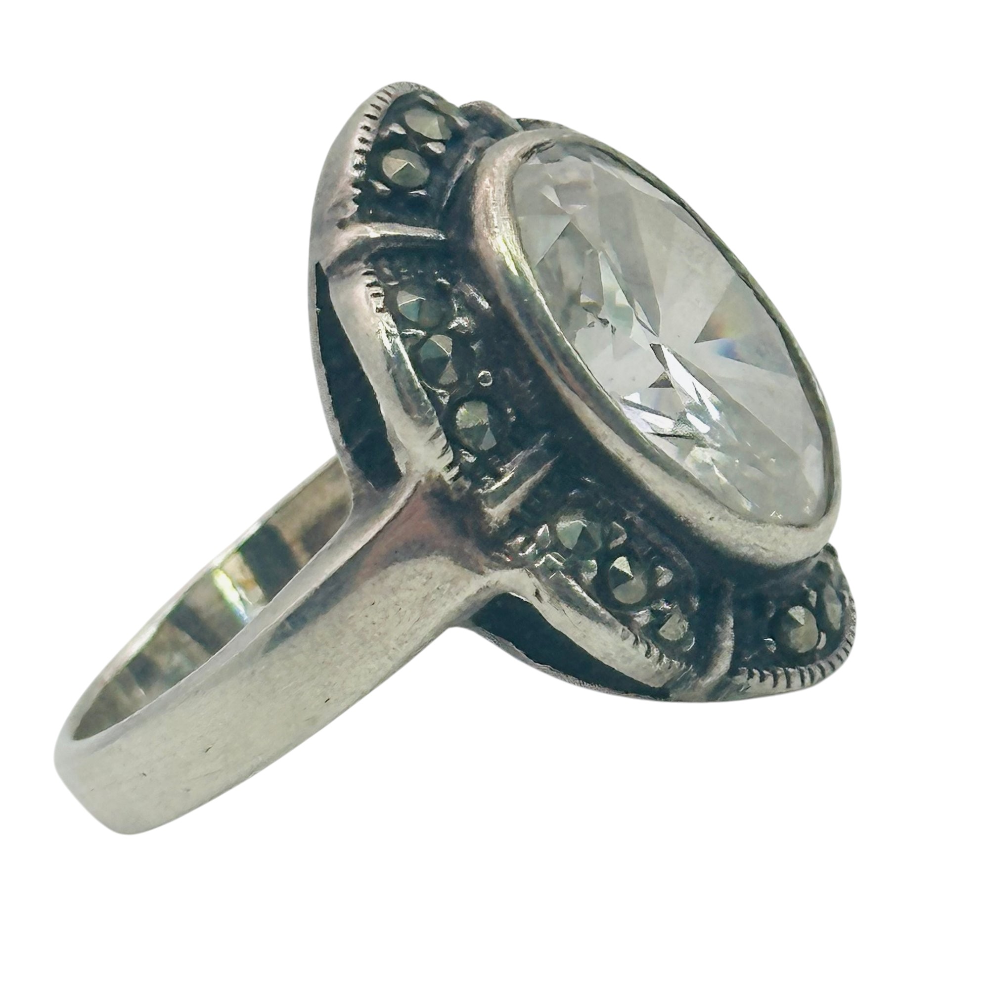 Sterling Rhinestone Marcasite Ring Sz 9