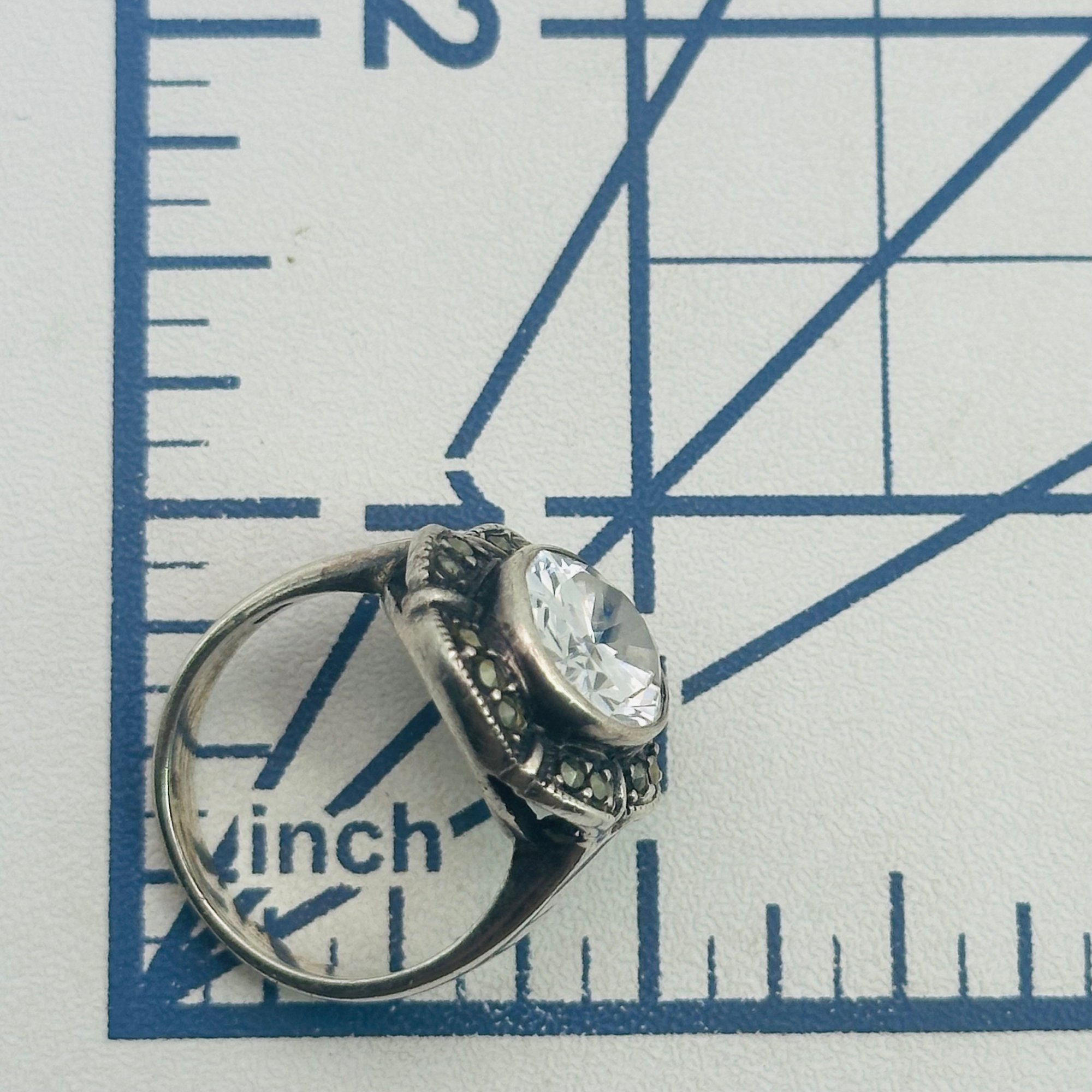 Sterling Rhinestone Marcasite Ring Sz 9