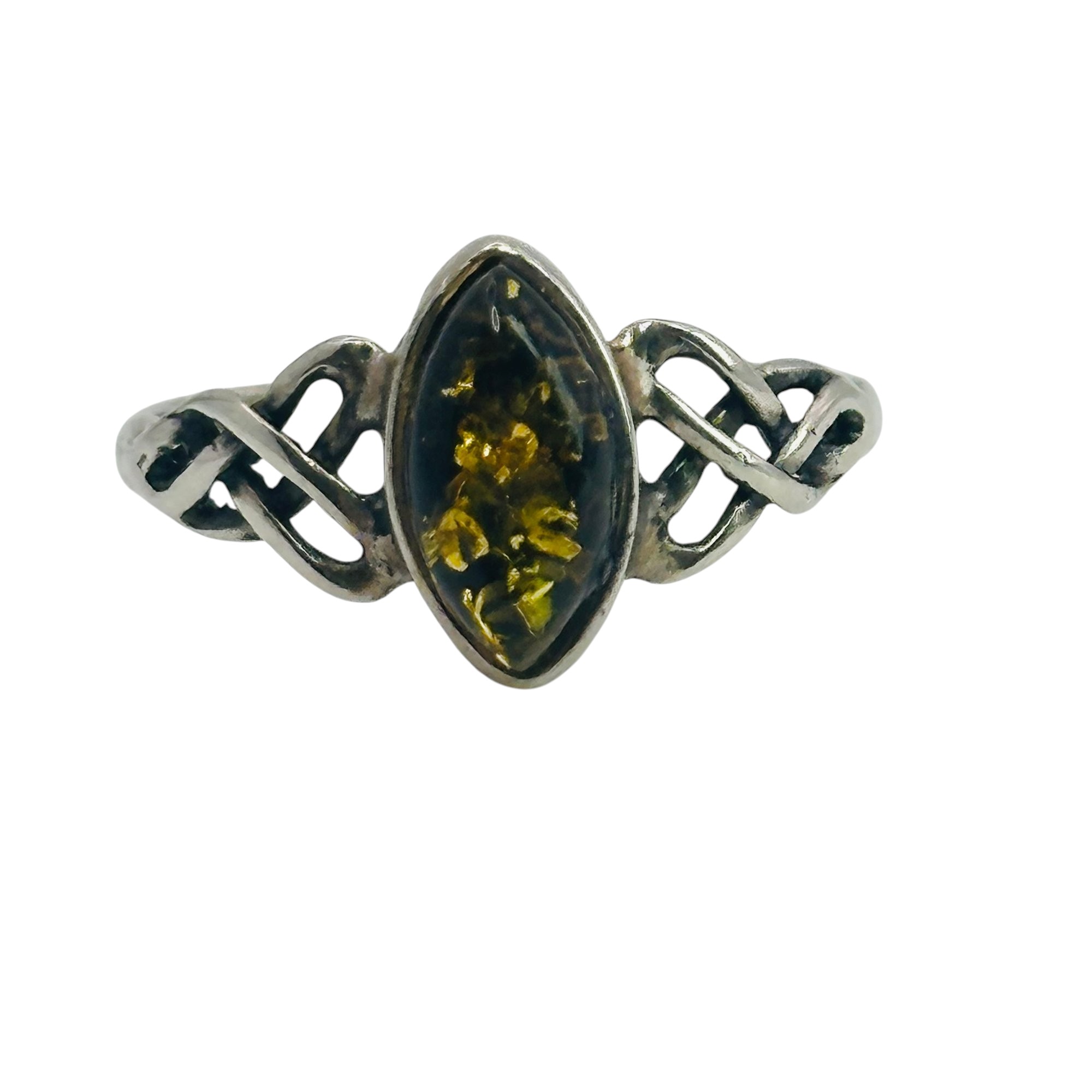 Sterling Amber Celtic Knot Ring Sz 8