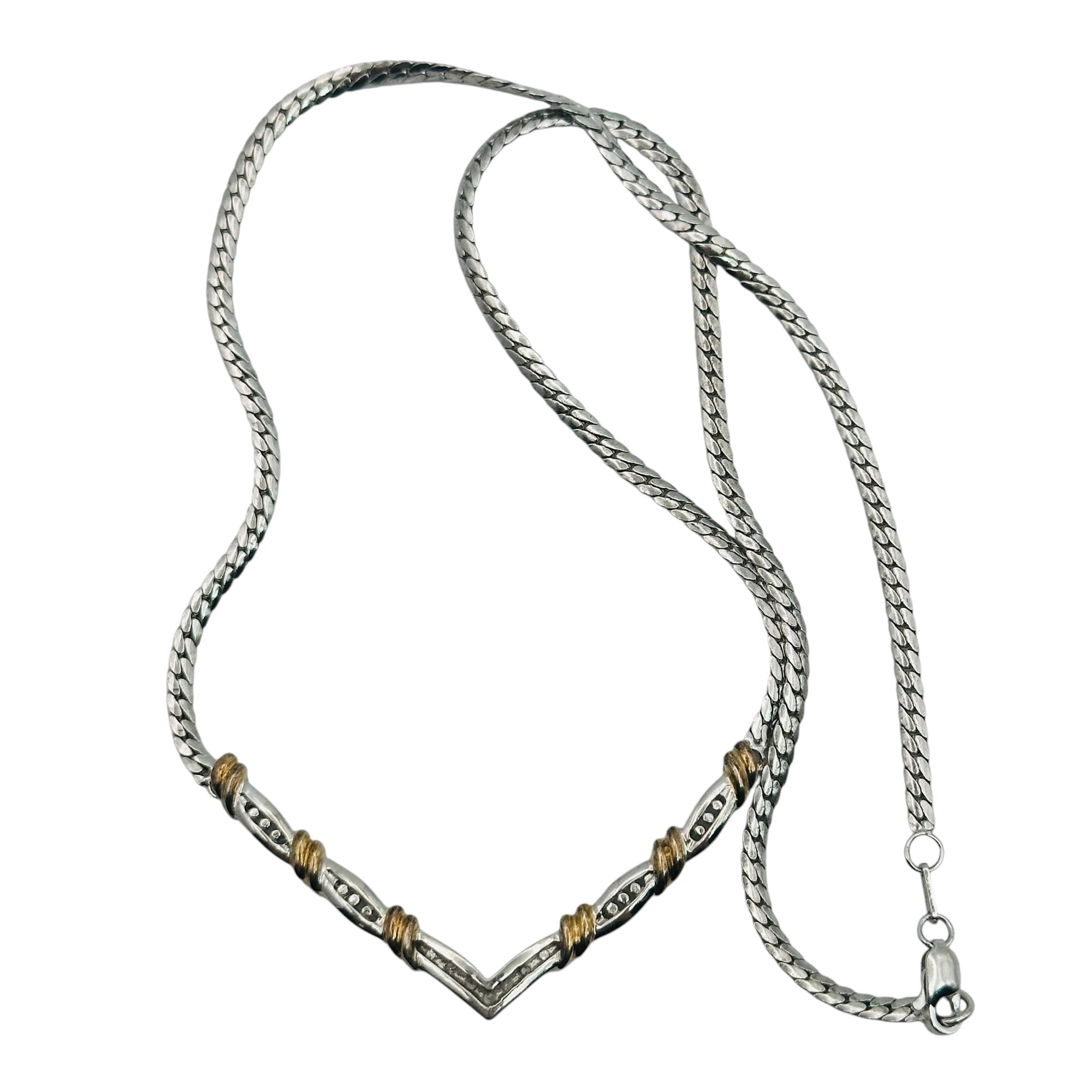 Signed Sterling Diamond Point Flat Chain Necklace