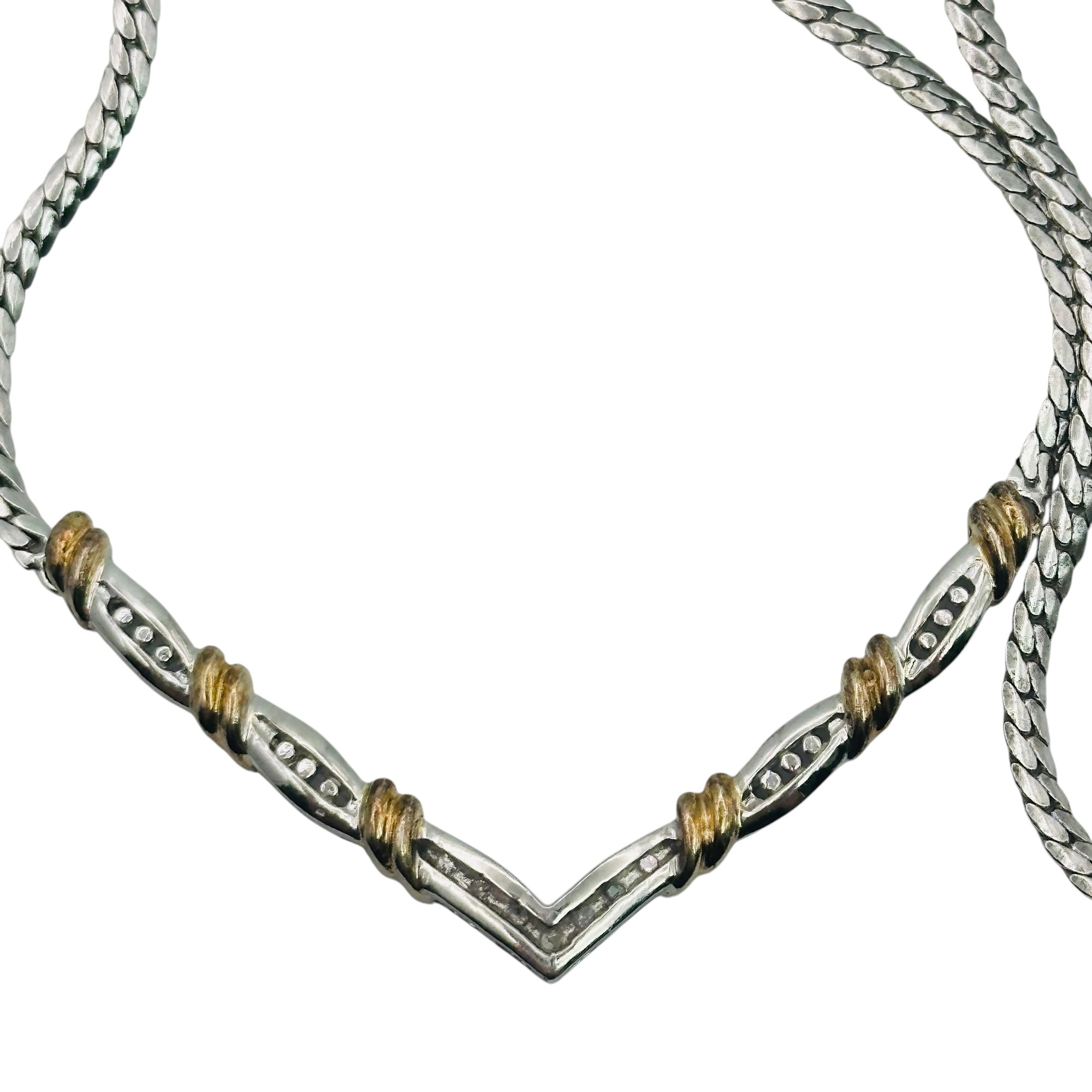 Signed Sterling Diamond Point Flat Chain Necklace