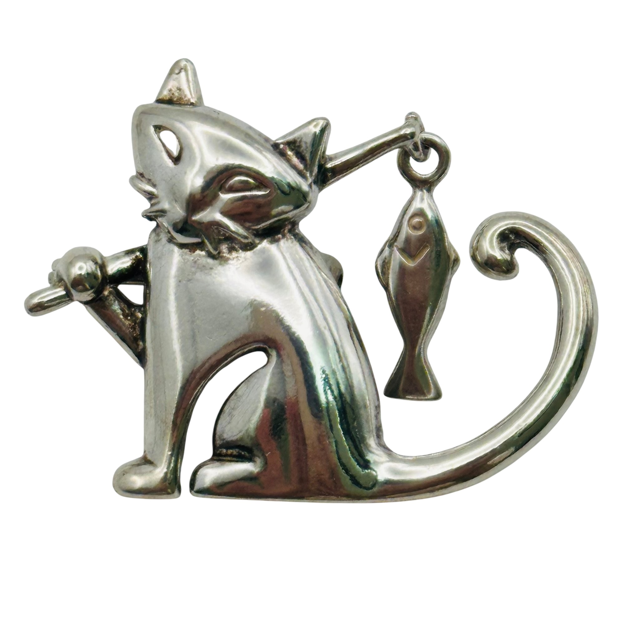 Sterling Cat And Fish Brooch