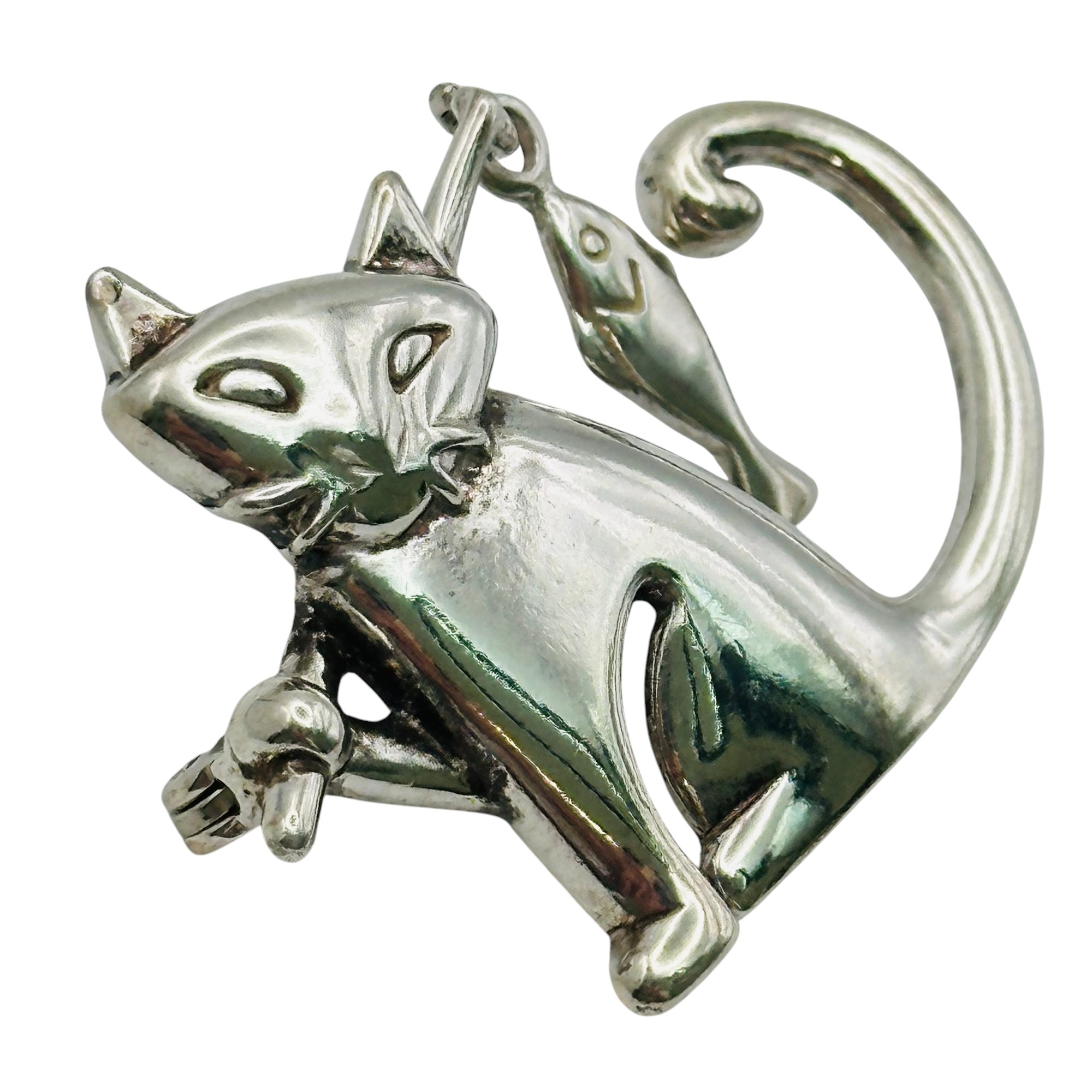Sterling Cat And Fish Brooch