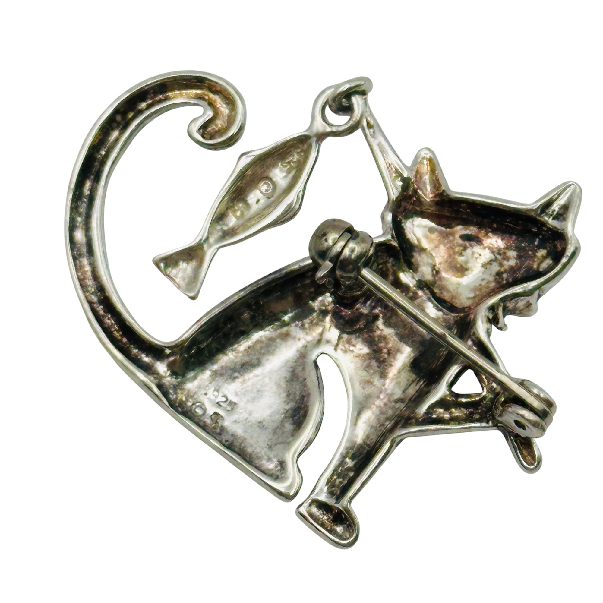 Sterling Cat And Fish Brooch