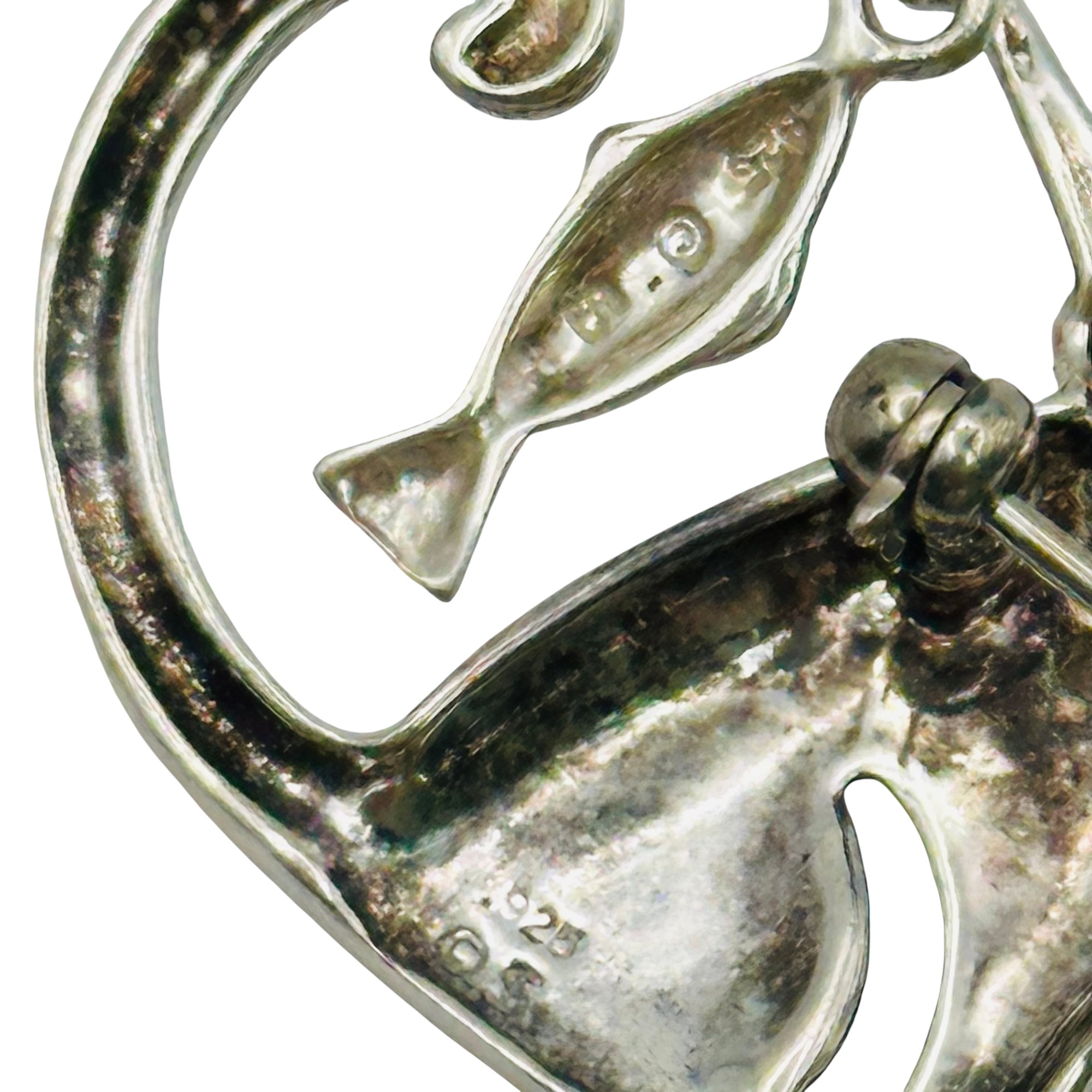 Sterling Cat And Fish Brooch