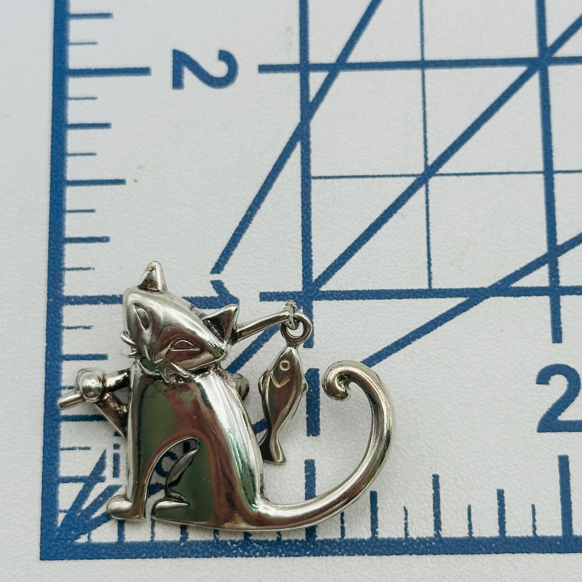 Sterling Cat And Fish Brooch