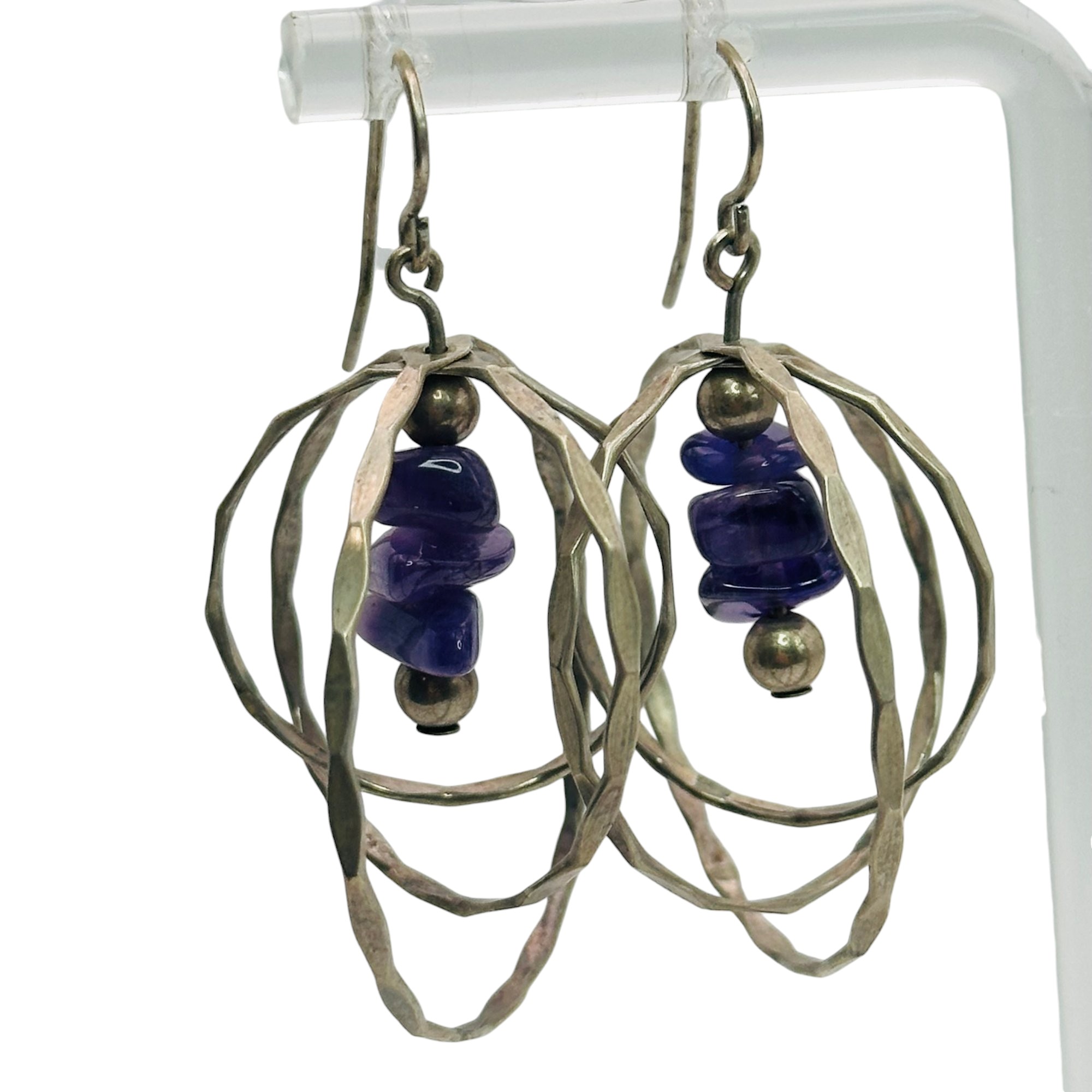Signed Sterling Amethyst Multi Hoop Dangle Earrings