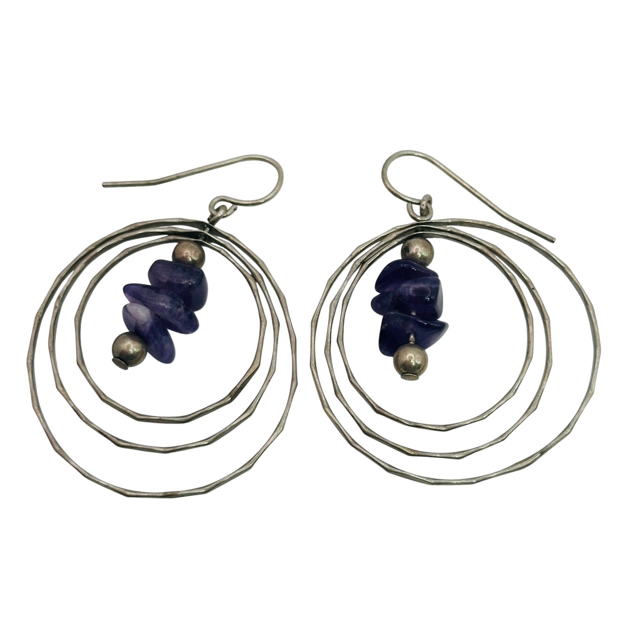 Signed Sterling Amethyst Multi Hoop Dangle Earrings
