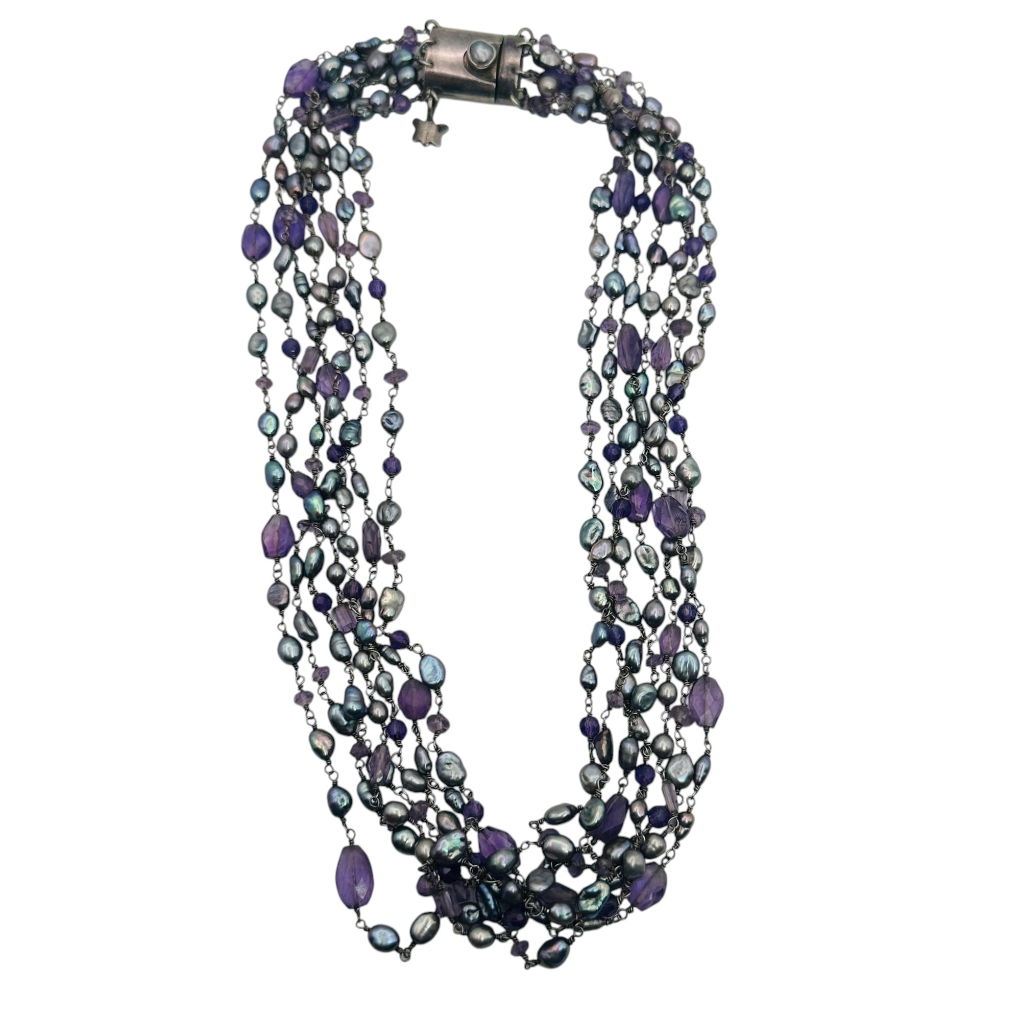 Sterling Amethyst Pearl Multi Chain Necklace