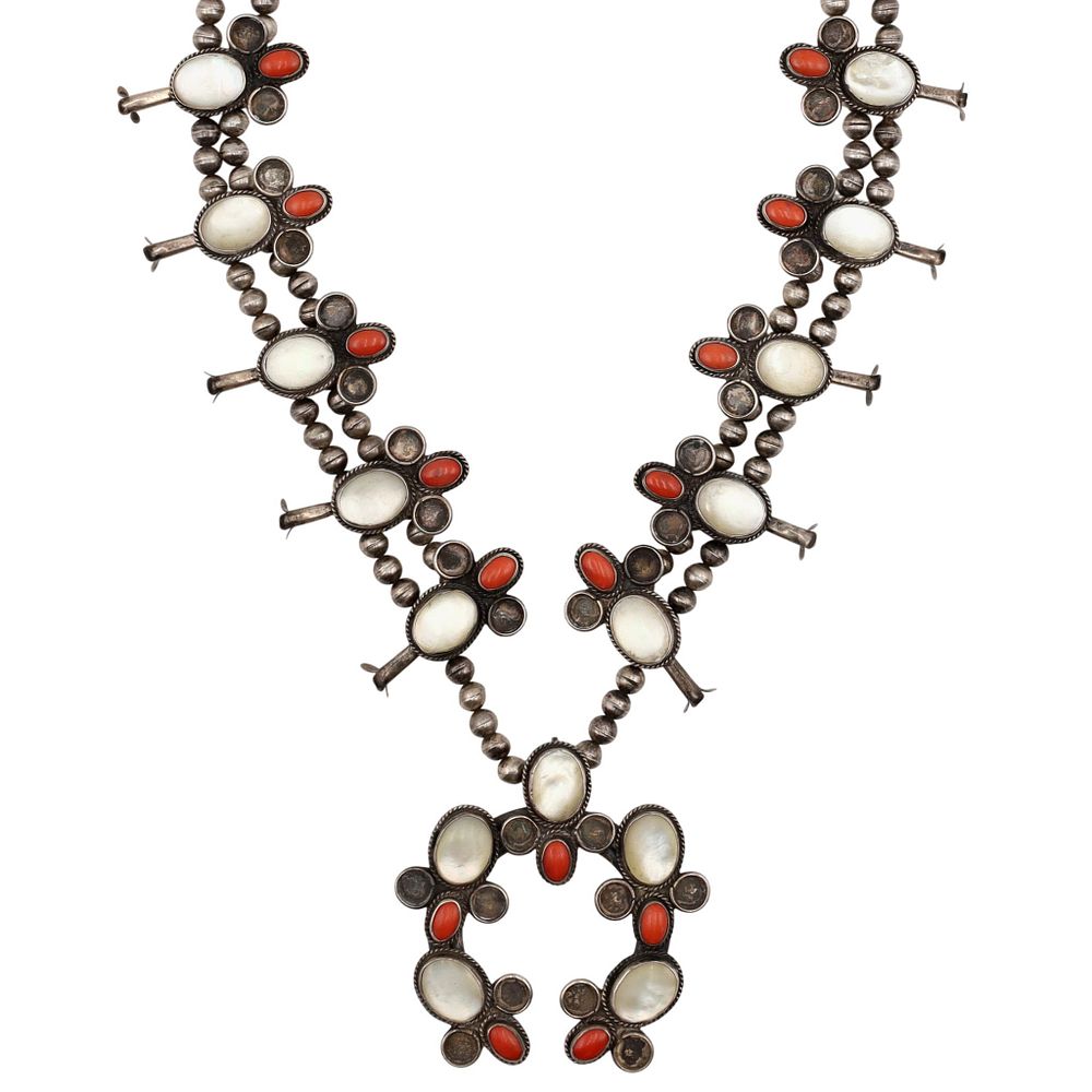 Lot 1: Vintage Navajo Sterling Mother of Pearl Coral Squash Blossom Necklace