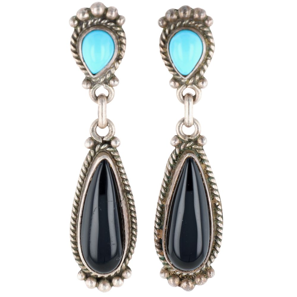 Lot 3: Signed Navajo Sterling Turquoise Onyx Dangle Earrings