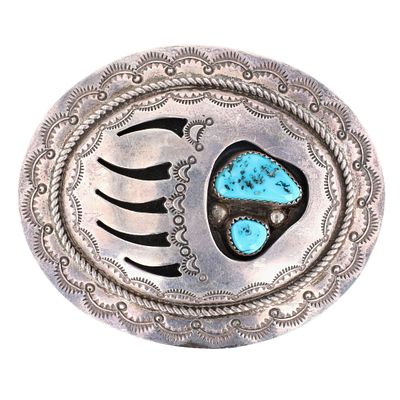 Wilbur Musket Navajo Sterling Turquoise Bear Paw Belt Buckle. Vintage Wilbur Musket Navajo 