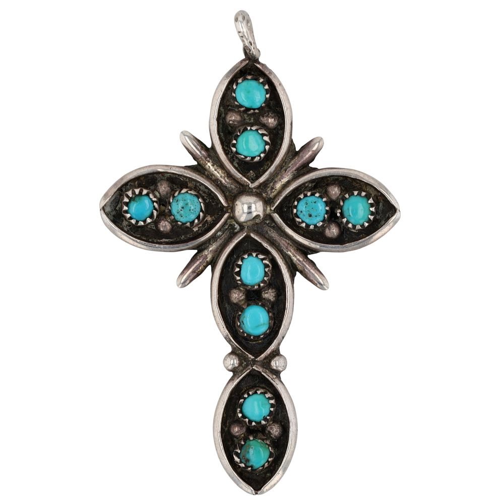 Lot 15: Vintage Signed Zuni Sterling Turquoise Snake Eye Cross Pendant