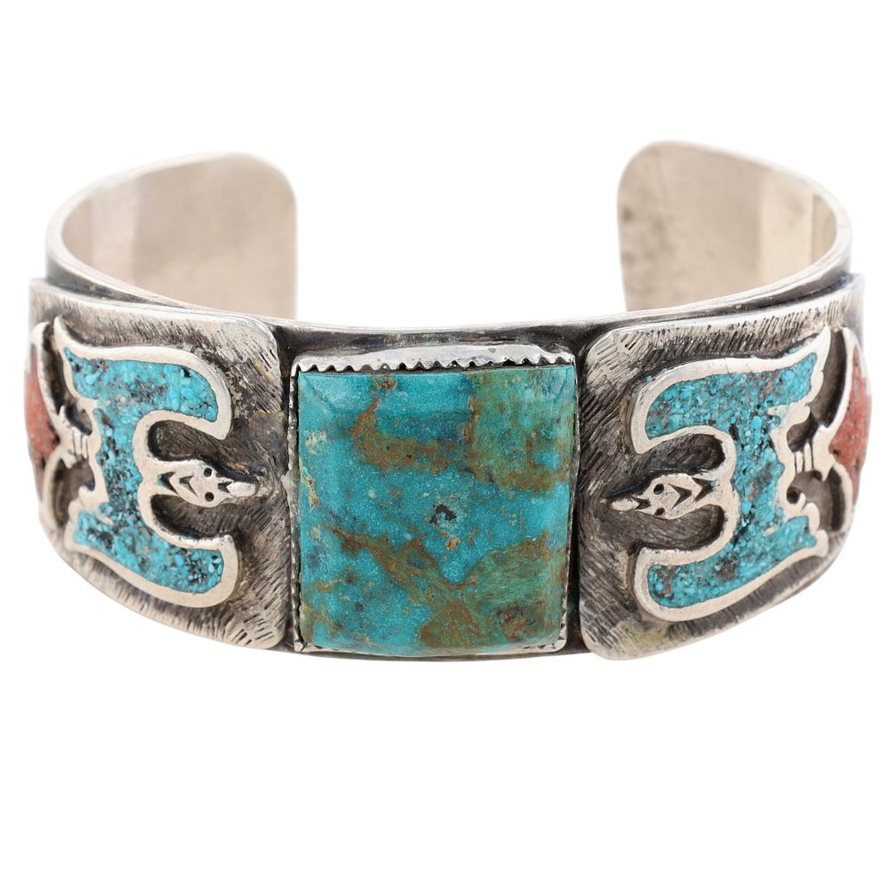 Lot 17: Vintage Navajo Sterling Multi-Stone Peyote Bird Cuff Bracelet