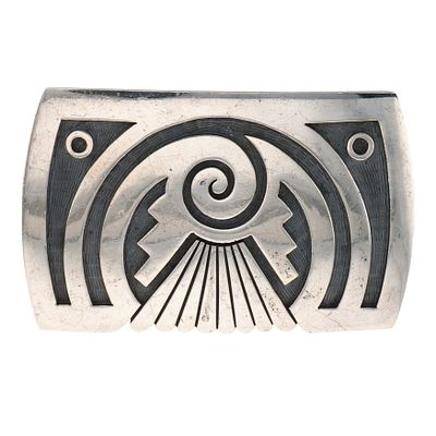 Mark Tawahongva Hopi Sterling Overlay Belt Buckle. Vintage Mark Tawahongva Hopi Sterling Overlay 