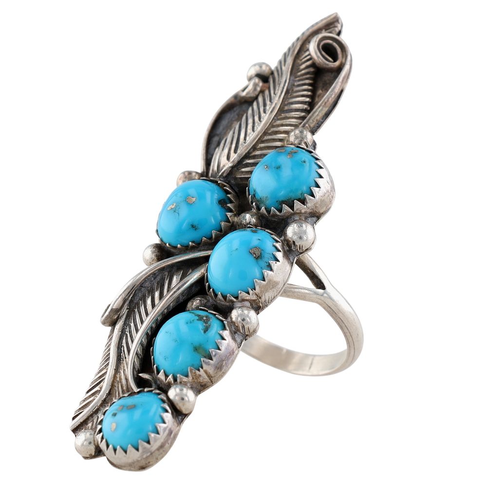 Lot 34: Navajo Sterling Turquoise Finger Length Ring Sz 7