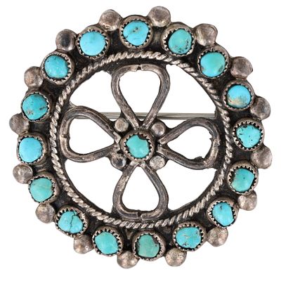 Vintage Zuni Sterling Turquoise Snake Eye Brooch / Weight: / Turquoise with signs of age, wear. 