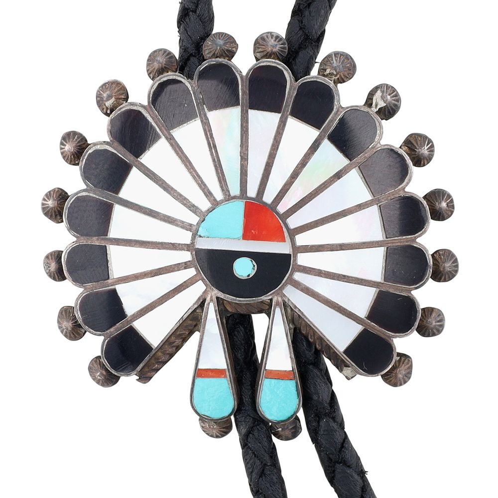 Lot 56: Vintage Zuni Sterling Multi-Stone Sunface Inlay Bolo Tie