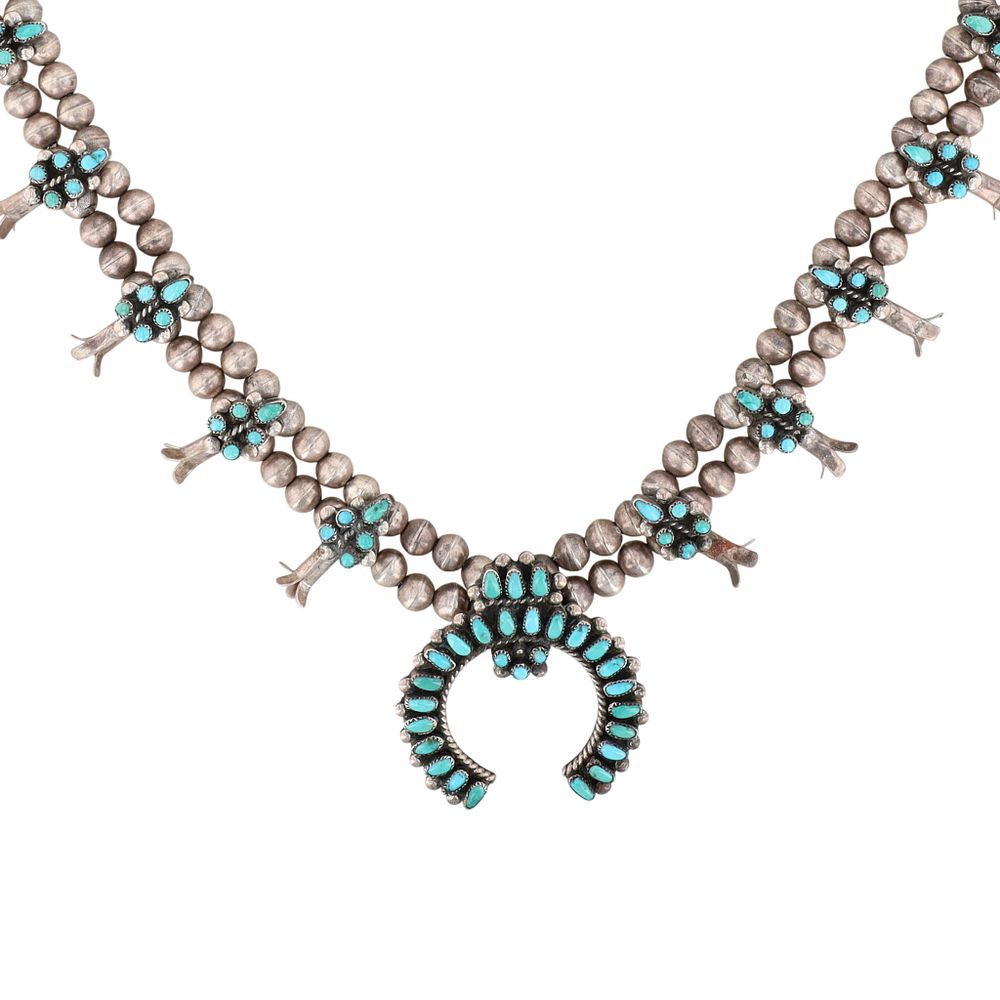 Lot 61: Vintage Zuni Sterling Turquoise Squash Blossom Necklace