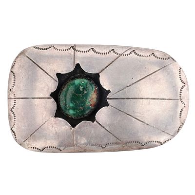 Vintage Navajo Sterling Green Turquoise Shadow Box Belt Buckle. Vintage Navajo Sterling Green 