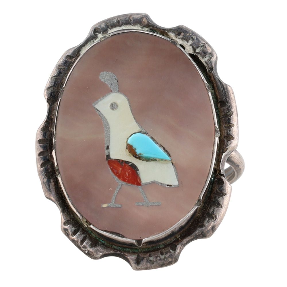 Lot 84: Vintage Zuni Sterling Multi-Stone Inlay Quail Ring Sz 5.5