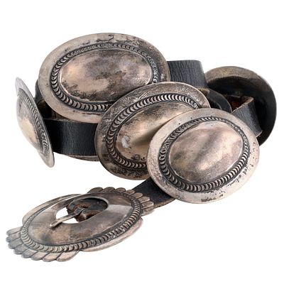 Vintage Navajo Sterling Stamped Concho Belt / Weight: 228g / Note: Leather belt shows signs of 