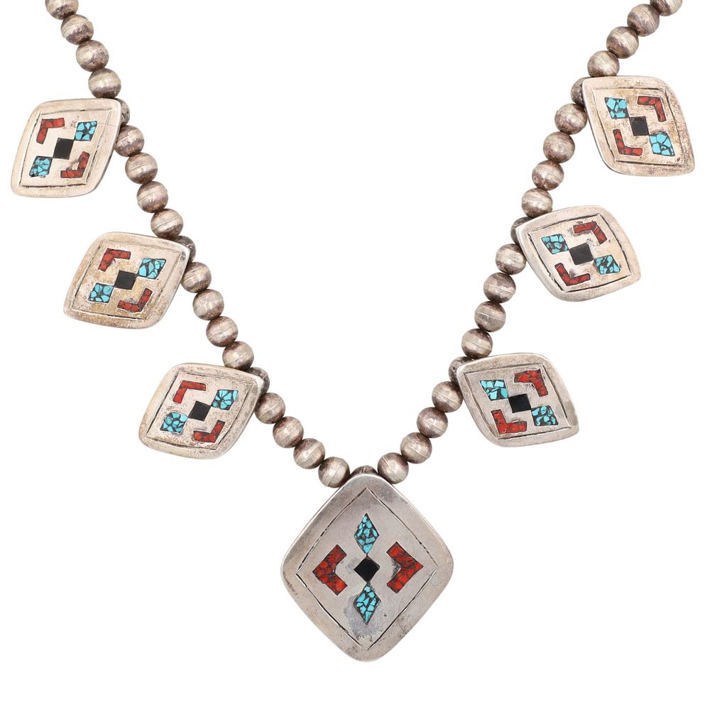 Lot 90: Vintage Navajo Sterling Turquoise Coral Chip Inlay Station Necklace