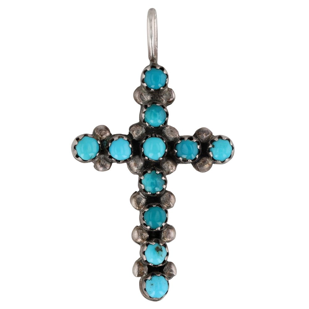Lot 109: Vintage Zuni Sterling Reversible Turquoise Coral Cross Pendant