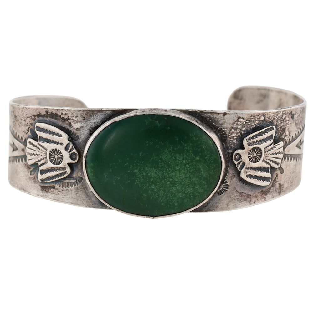 Lot 122: Fred Harvey Era Sterling Green Turquoise Thunderbird Cuff Bracelet
