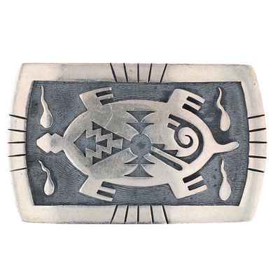 Mark Tawahongva Hopi Sterling Overlay Turtle Belt Buckle. Vintage Mark Tawahongva Hopi Sterling 