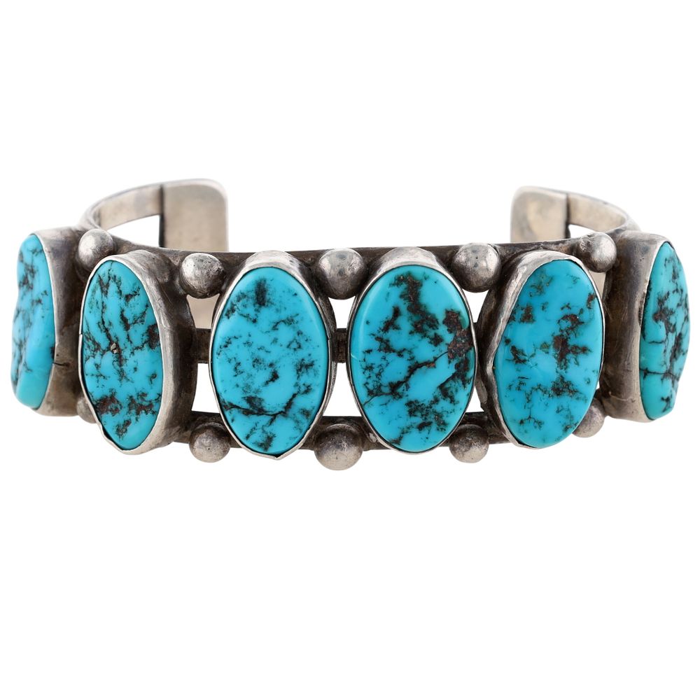 Lot 131: Richardson's Trading Post: Vintage Navajo Sterling Turquoise Row Cuff Bracelet