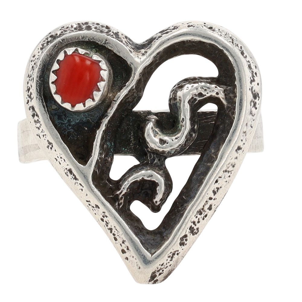 Lot 154: Richardson's Trading Post: Dale Arviso Navajo Sterling Coral Tufa Cast Heart Ring Sz 10