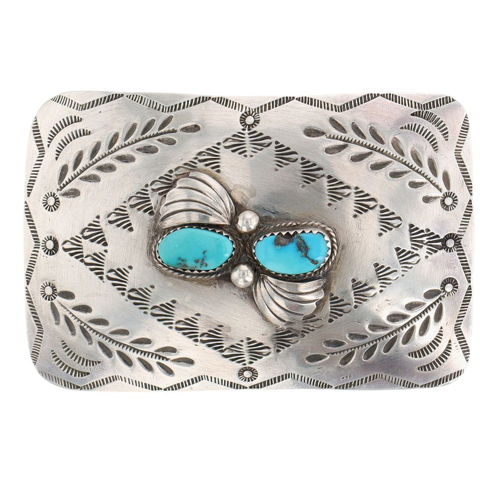 Lot 156: Richardson's Trading Post: Vintage Navajo Sterling Turquoise Stamped Belt Buckle
