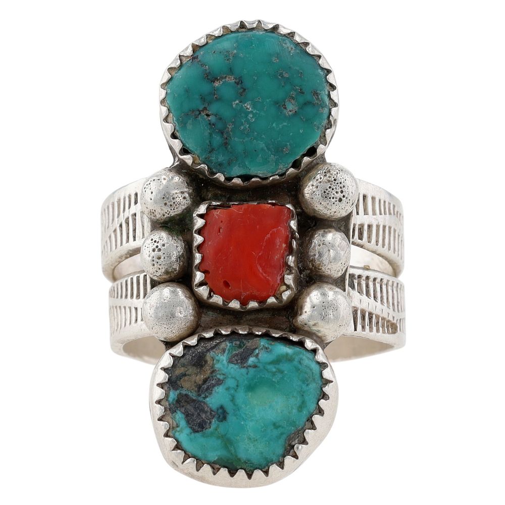 Lot 160: Richardson's Trading Post: Signed Navajo Sterling Turquoise Coral Ring Sz 8.5