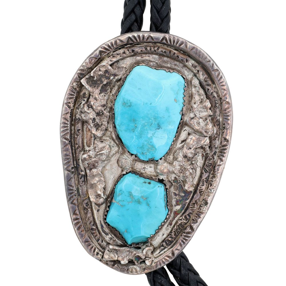Lot 161: Richardson's Trading Post: Vintage Navajo Sterling Turquoise Bolo Tie