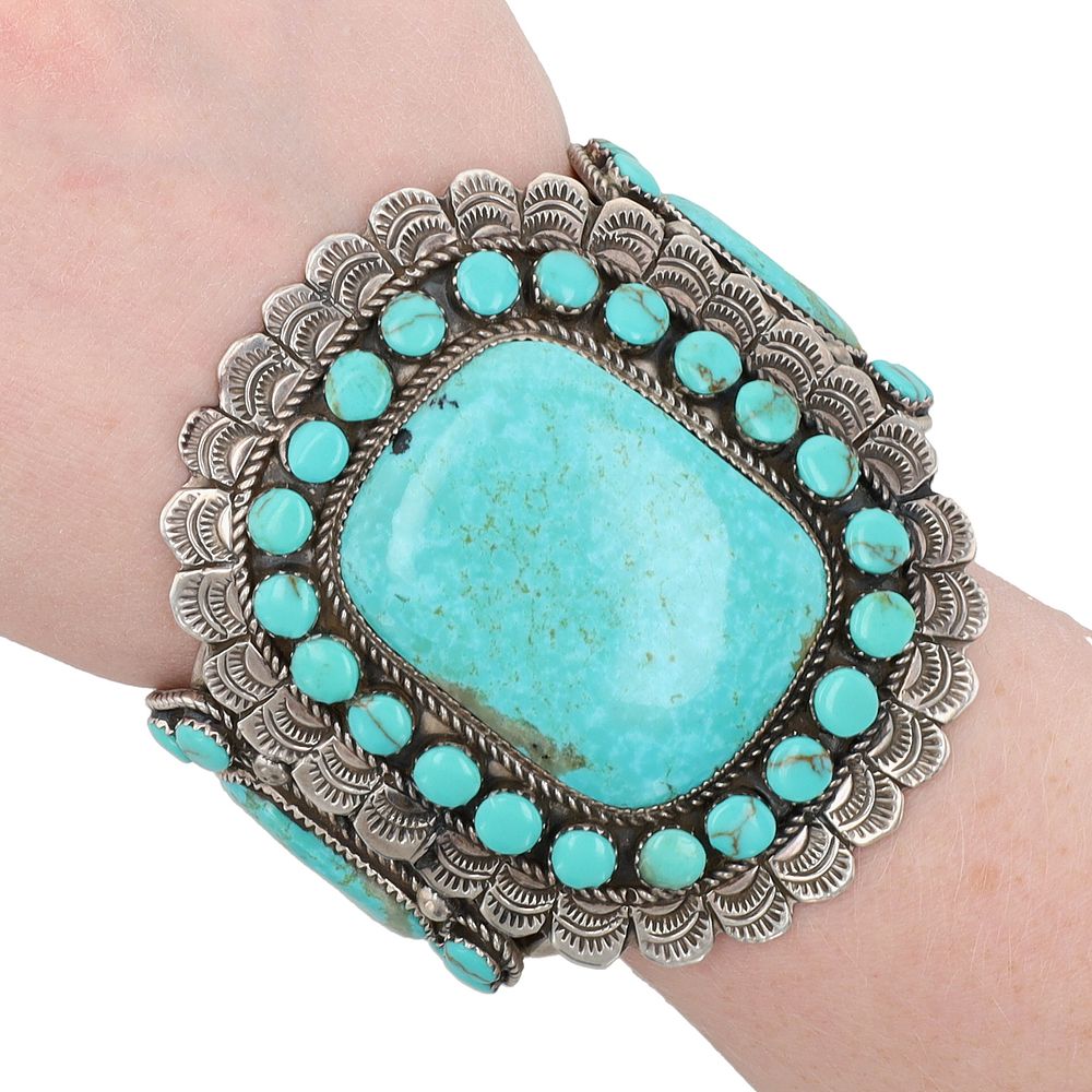 Lot 162: Richardson's Trading Post: Signed Navajo Sterling Turquoise Cuff Bracelet