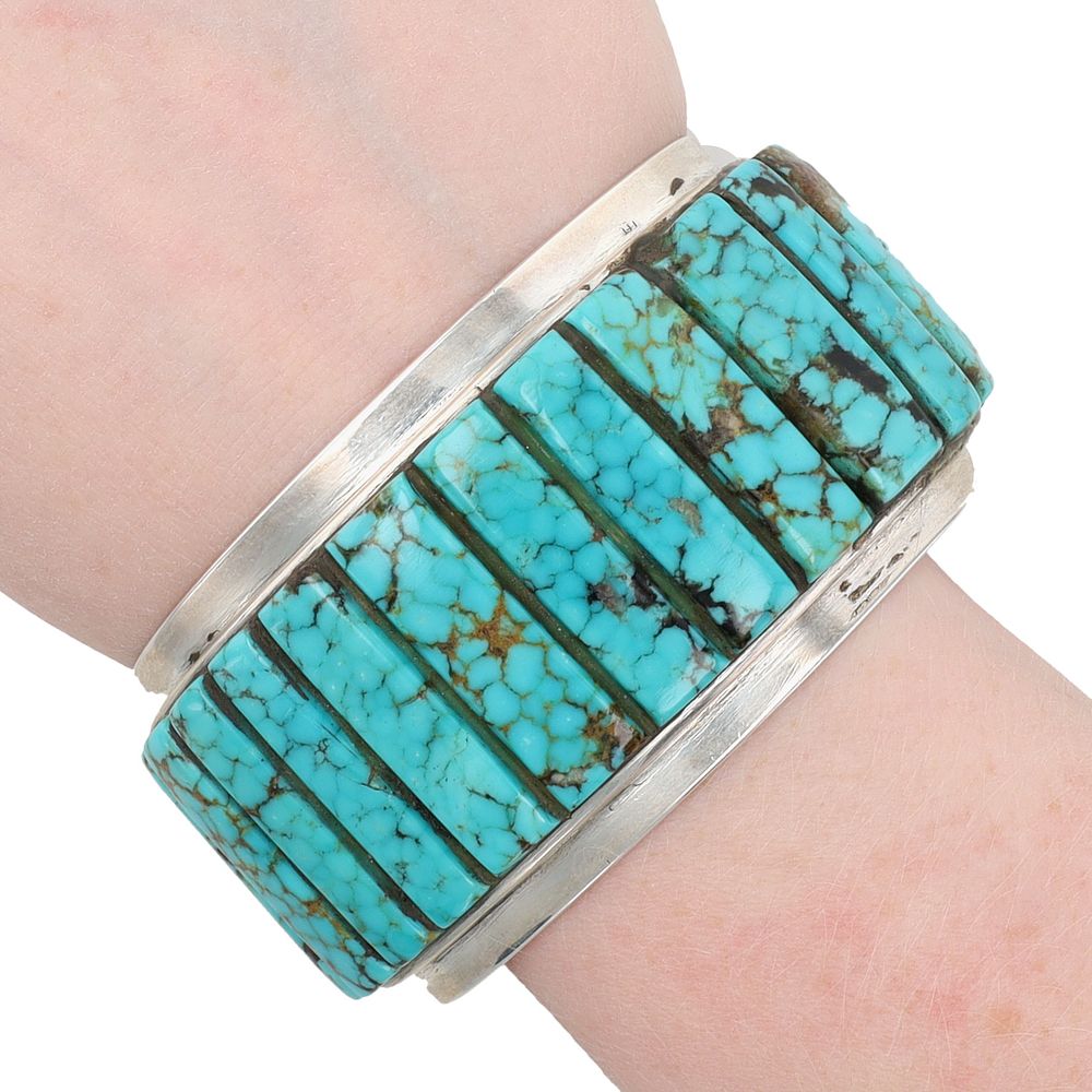 Lot 174: Richardson's Trading Post: Signed Navajo Sterling Turquoise Row Cuff Bracelet