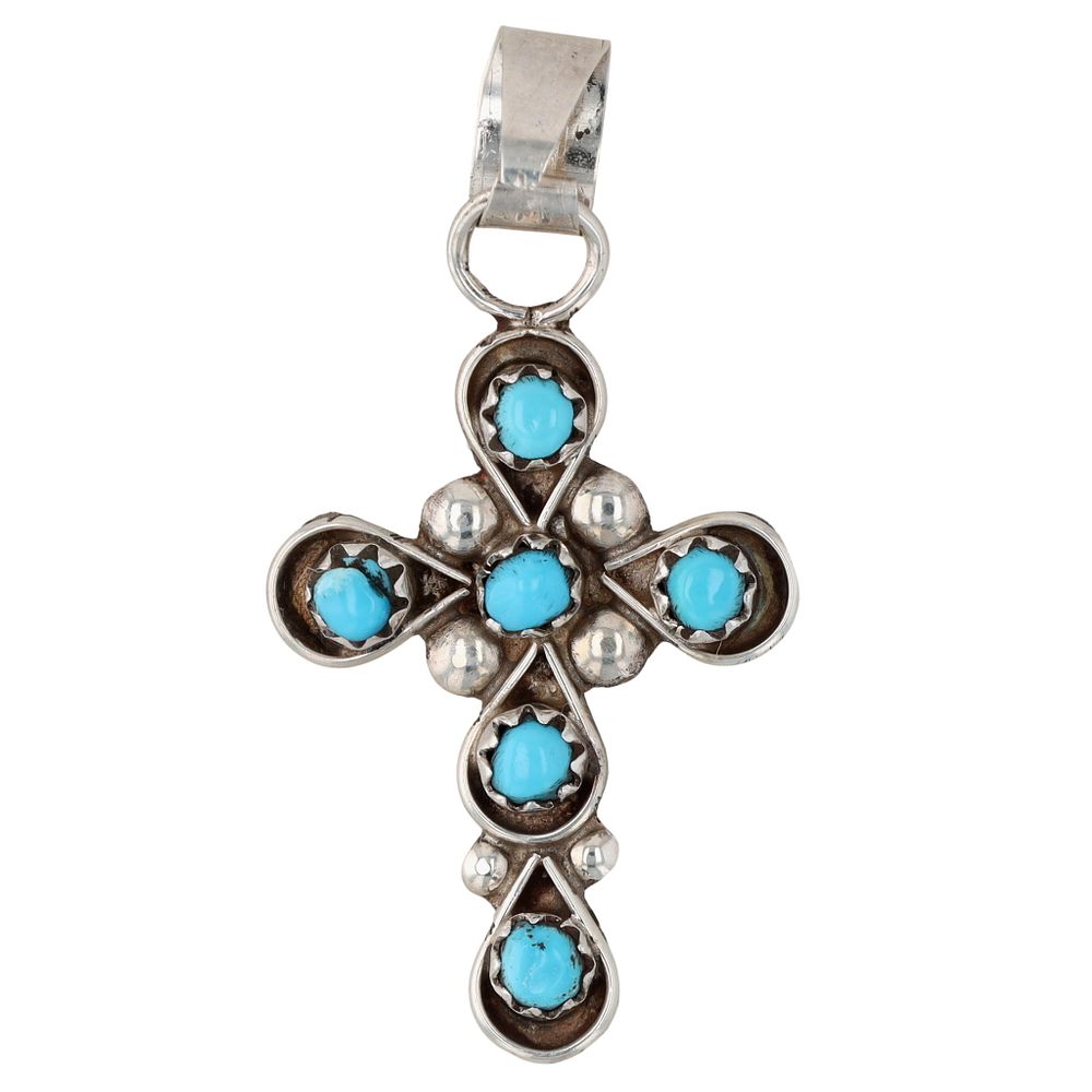 Lot 175: Richardson's Trading Post: Leonard James Navajo Sterling Turquoise Cross Pendant