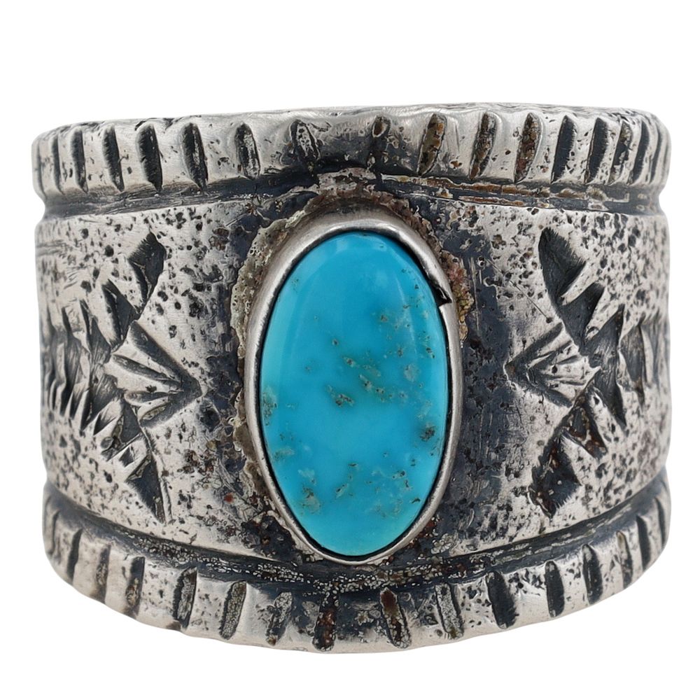 Lot 176: Richardson's Trading Post: Signed Navajo Sterling Turquoise Tufa Cast Ring Sz 11.5