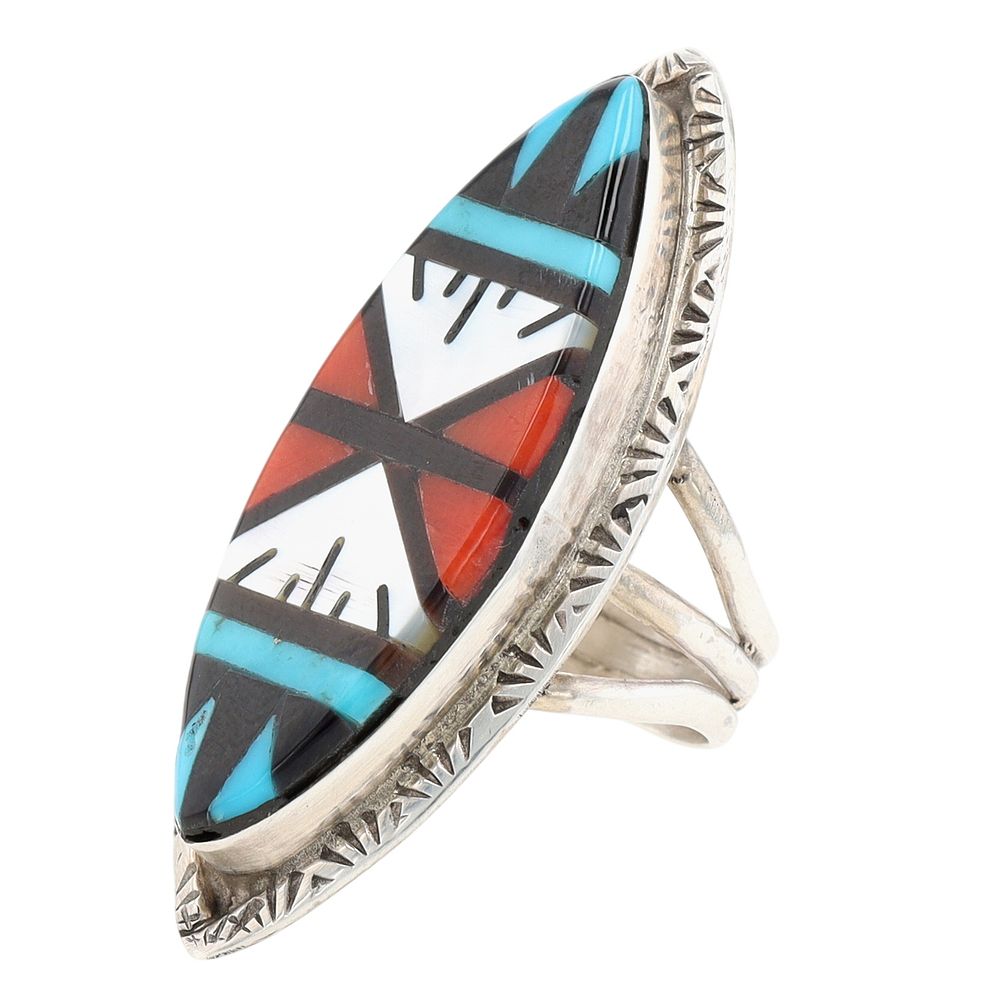 Lot 180: Leslie & Gladys Lamy Zuni Sterling Multi-Stone Inlay Ring Sz 6