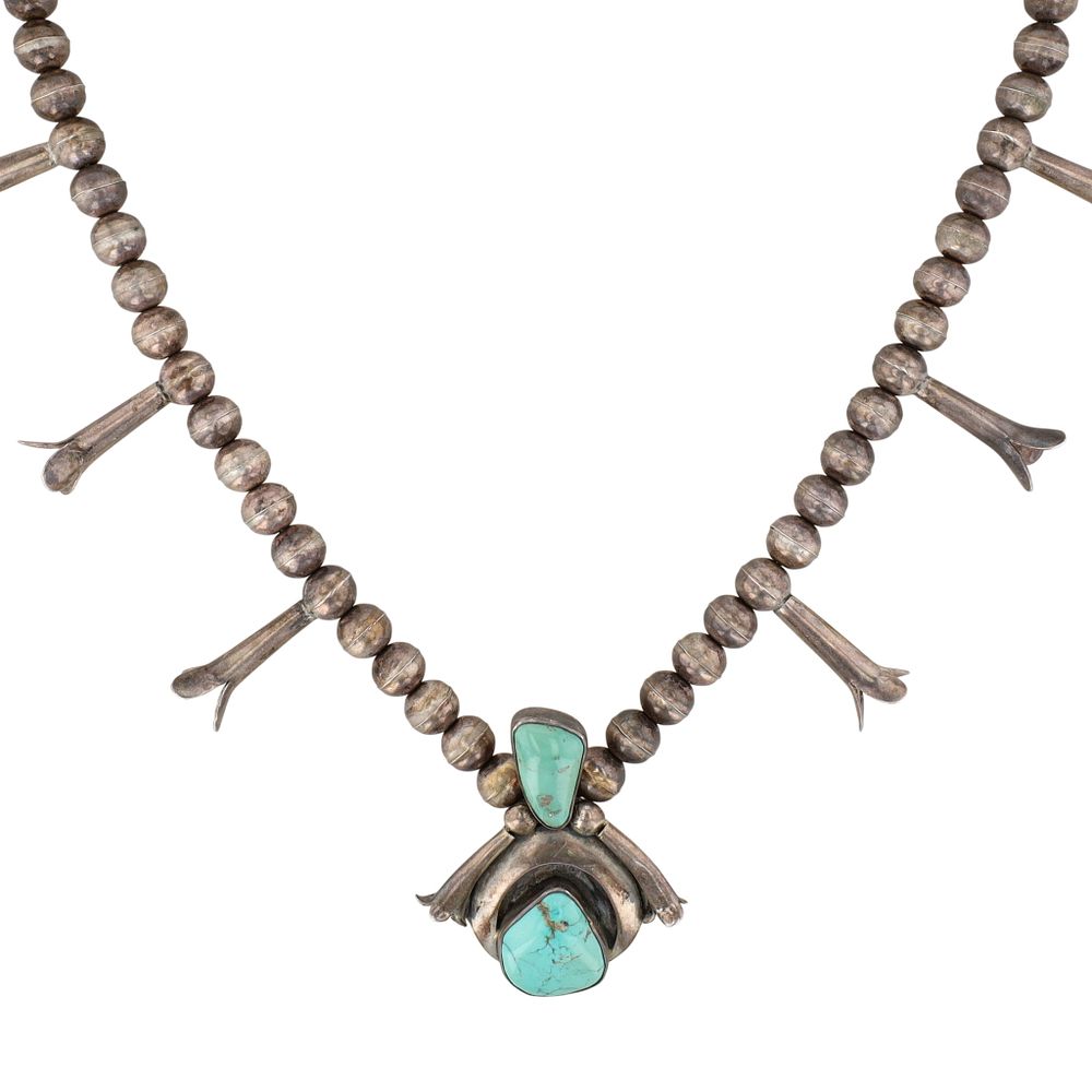 Lot 181: Vintage Navajo Sterling Turquoise Squash Blossom Necklace