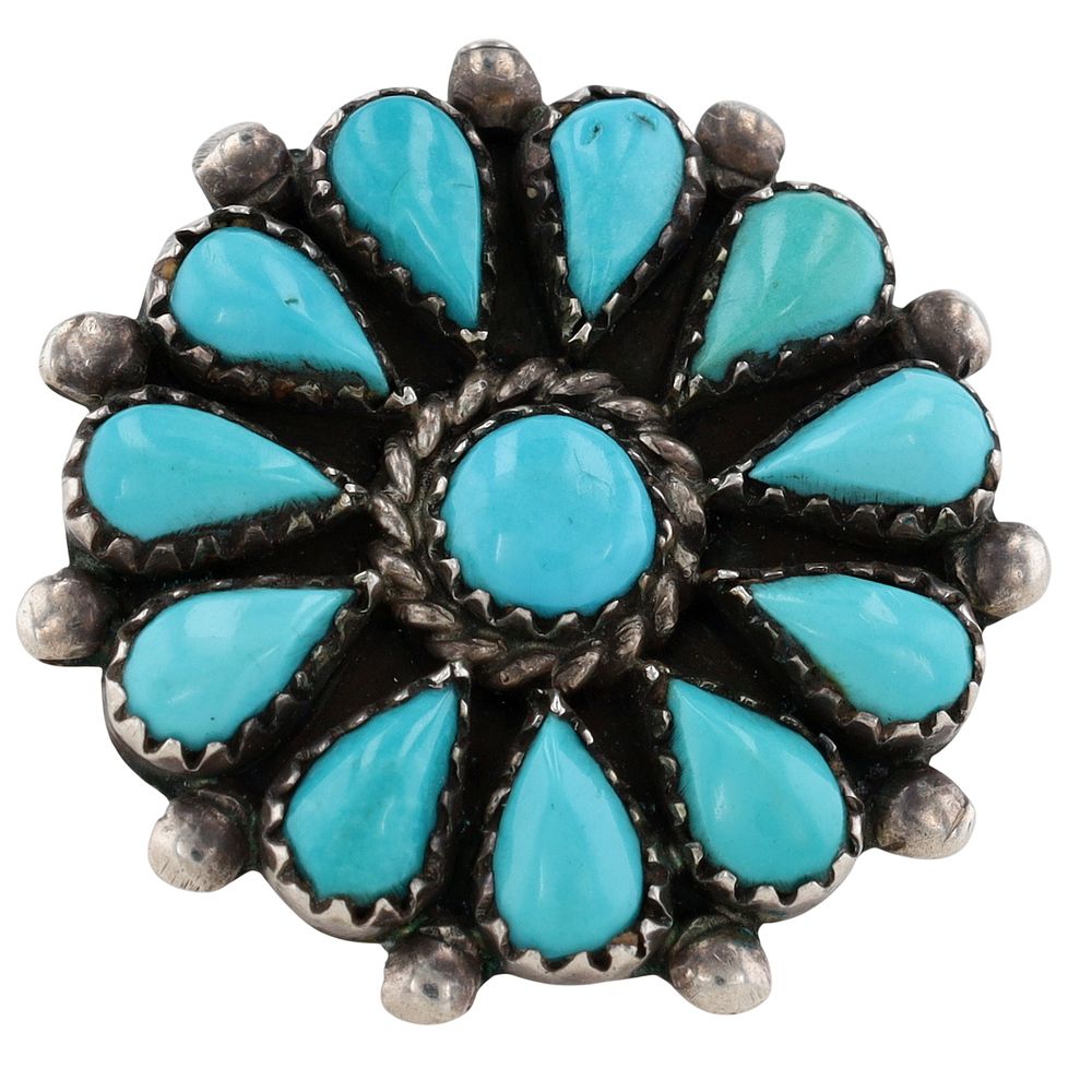 Lot 184: Phyllis Beyuka Zuni Sterling Turquoise Cluster Ring Sz 4